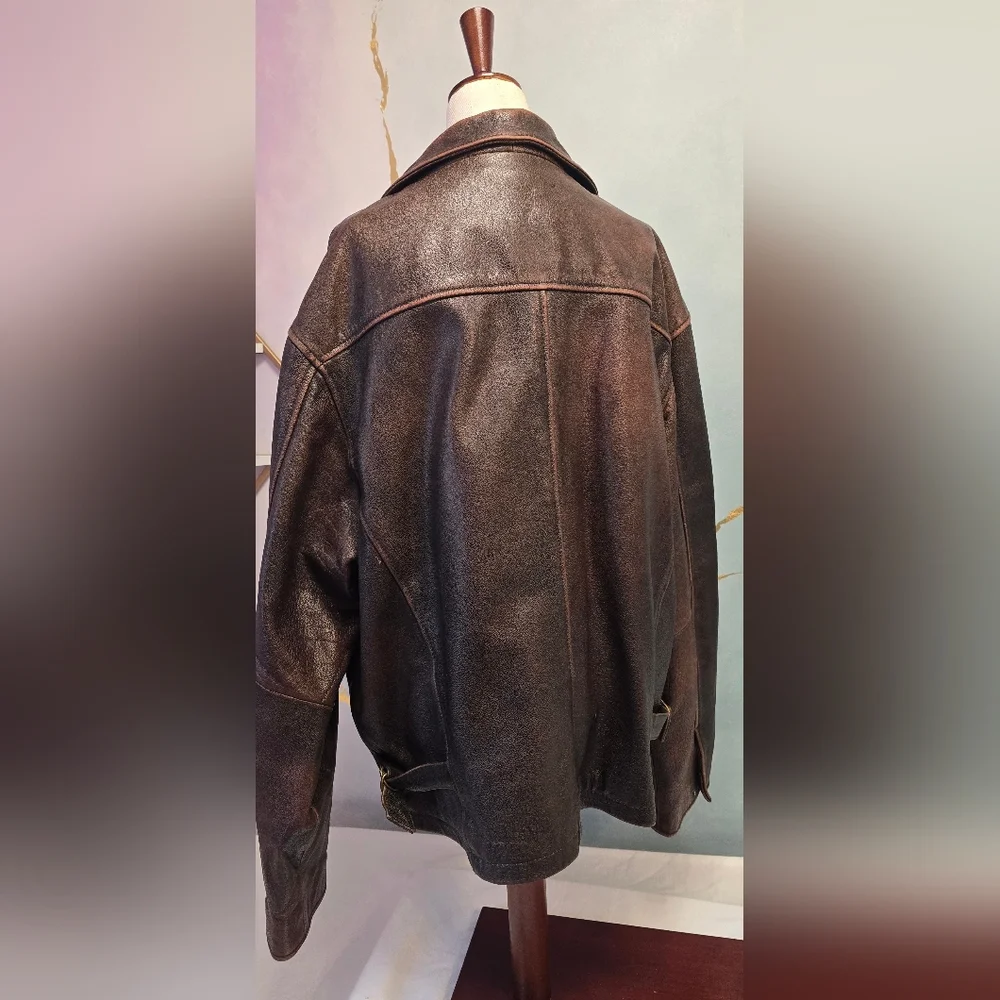 Classic Heavy Brown Leather Motorcycle Zip Jacket - Men's L